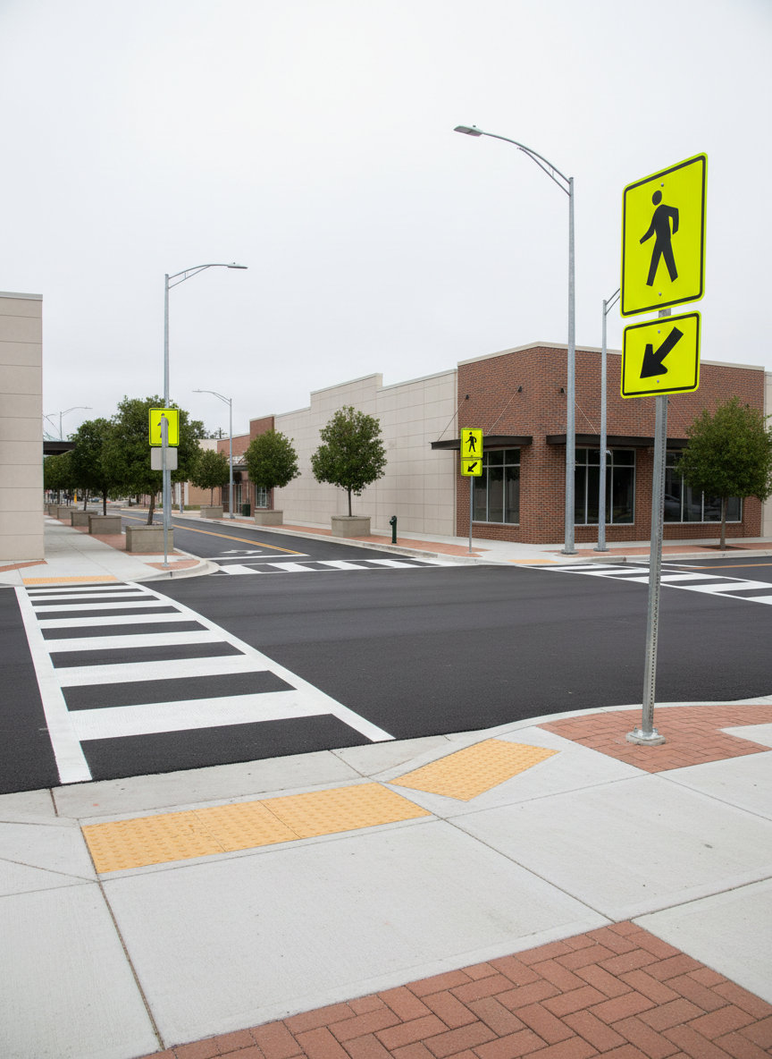 A sturdy, well-maintained neighborhood intersection with clearly painted crosswalks, bright reflective traffic signs, and freshly installed streetlights, representing public safety improvements in Live Oak. Small, carefully pruned oak trees line the sidewalks beside clean, modern concrete and brick facades. Overcast, diffused daylight minimizes harsh shadows, creating a balanced, trustworthy atmosphere. Captured from an eye-level photographic perspective with a slight angle down the street, emphasizing depth and infrastructure. The scene feels calm and orderly, with no vehicles or people present, focusing on design details like textured asphalt, tactile paving, and high-visibility markings that communicate safety, responsibility, and effective city governance.