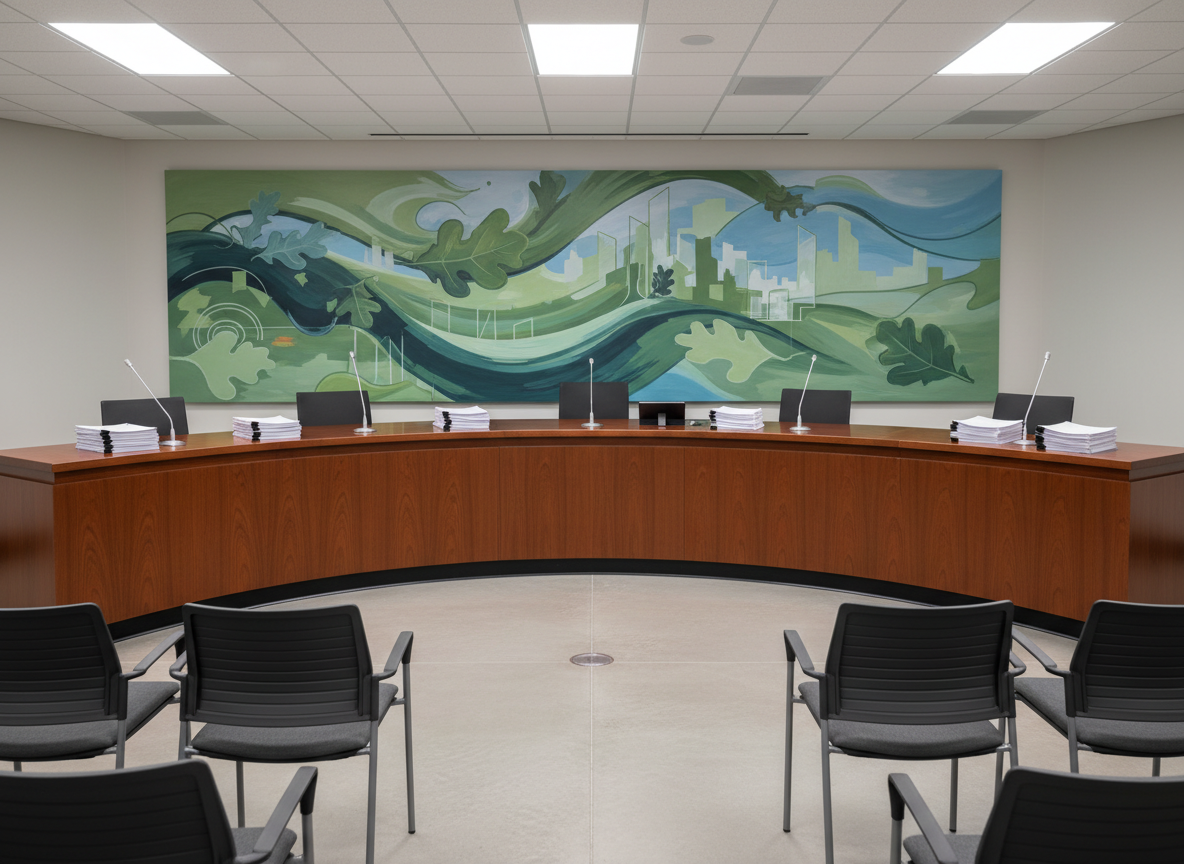 A polished wooden city council dais with sleek, modern microphones and neatly stacked documents arranged in precise order, set in a contemporary Live Oak council chamber. Behind the dais, a large abstract mural in muted greens and blues subtly suggests oak leaves and a growing city skyline, avoiding any text or logos. Soft, even overhead lighting bathes the room, creating gentle reflections on the wood and metal surfaces. Shot from a slightly low, wide-angle perspective to convey stability and leadership, with crisp focus throughout. The photographic realism and clean, professional aesthetic evoke accountability, transparency, and serious civic decision-making without showing any people.