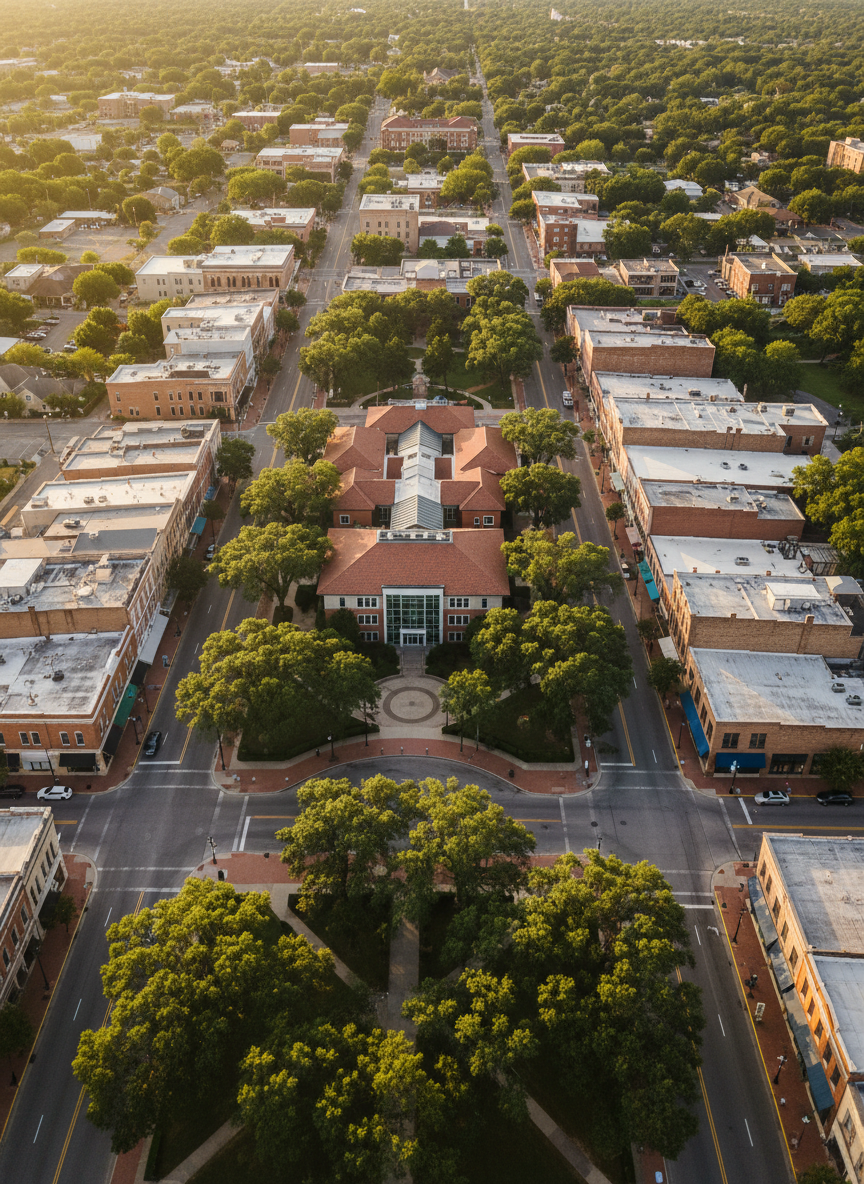 A detailed aerial photographic view of a small city’s downtown district inspired by Live Oak, with tree-lined streets, modest low-rise buildings, and a central civic complex surrounded by healthy green oaks. Clear street grids, parking areas, and small commercial storefronts suggest economic activity without visible brand names or text. Late afternoon golden-hour sunlight creates long, soft shadows, adding depth and warmth. The mood is hopeful and forward-looking, emphasizing community growth and responsible planning. Captured from a high, cinematic bird’s-eye viewpoint with sharp focus, the composition leads the eye from the civic center outward, symbolizing a safer, stronger, more connected community.